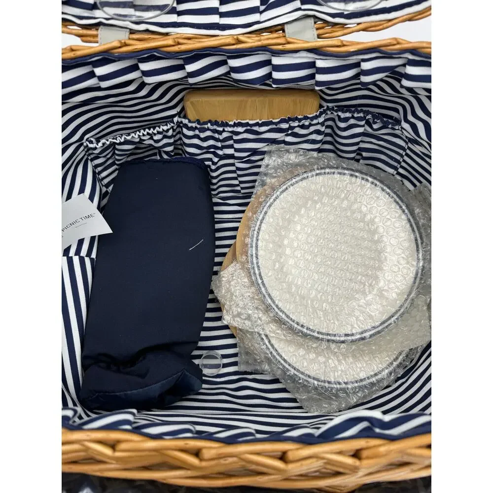 Wicker Picnic Basket with Handle and Navy Accent